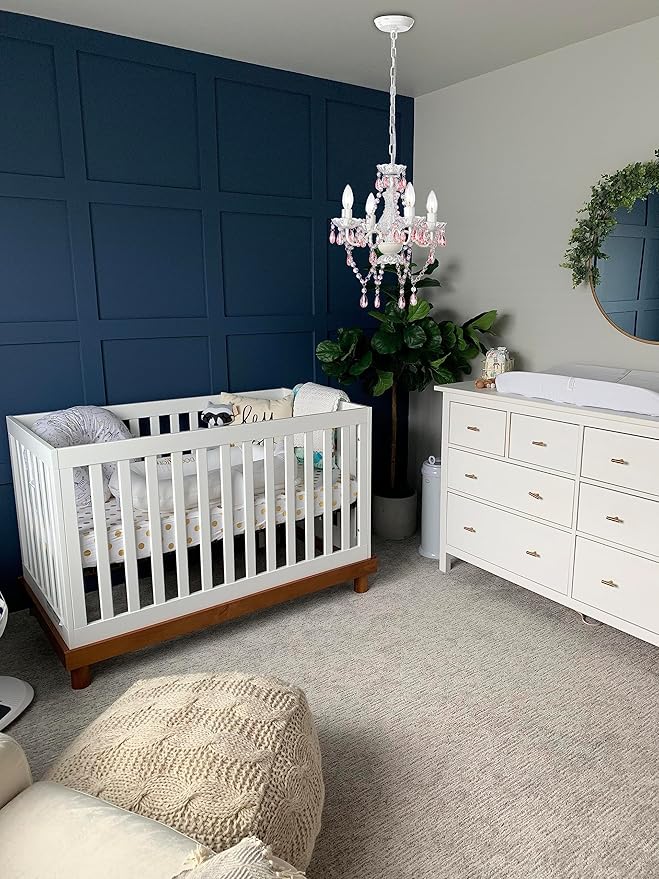 LaLuLa Pink Chandelier White Chandeliers Lighting with Acrylic Crystals Mini 4 Lights Pendant Light for Bedroom and Girls Room