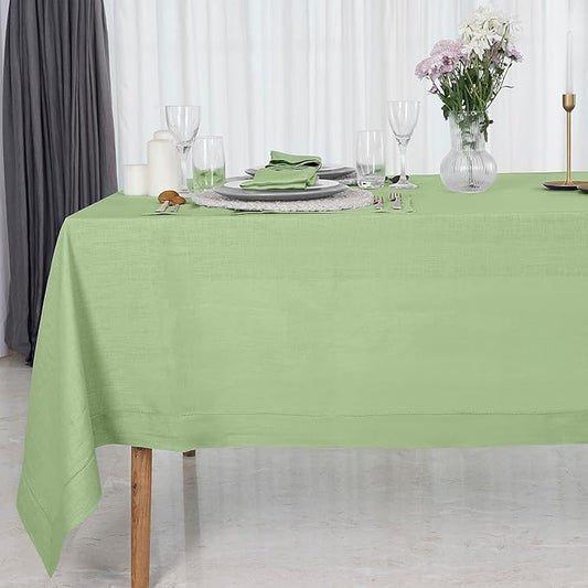 D'Moksha Homes Sage Green Linen Tablecloth for Rectangle Tables 60 x 102 Inch - Classic Hemstitch 100% Pure Linen Green Table Cloth - Machine Washable Dining Tablecloth for Christmas