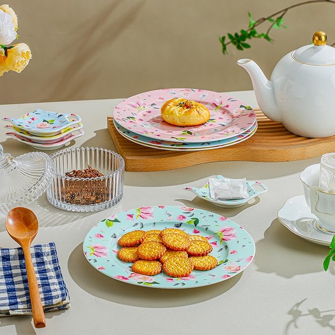 8-Inch Porcelain Dessert Plates, Set of 8 - Floral Decorative Ceramic Plates for Appetizers, Salads, or Dinner, Colorful & Elegant Design