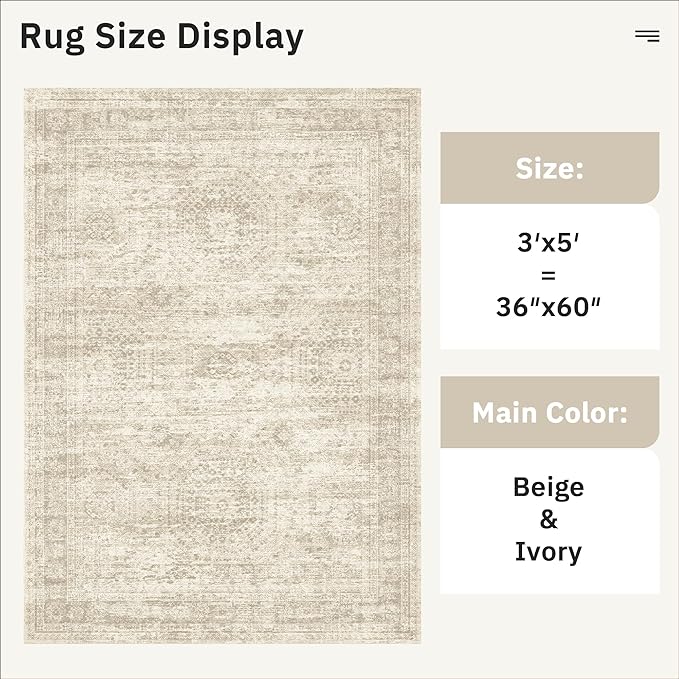 3x5 Rug, Small Area Rug for Kitchen, Entryway, Machine Washable Non-Slip Throw Rug, Vintage Carpet for Nursery Coffee Table Beige