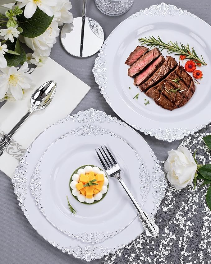 Nervure 100Pcs White and Silver Plastic Plates - 7.5 inch White Plastic Plates with Silver Rim - Disposable Dessert Plate for Wedding & Party & Christmas