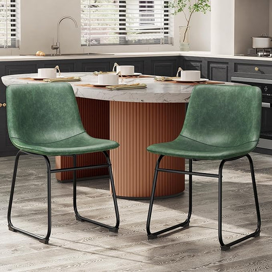 Dining Chairs Set of 2, PU Leather Armless Dinner Chairs with Backrest, 18" Modern Kitchen Dining Room Chair with Metal Legs for Home (Green)