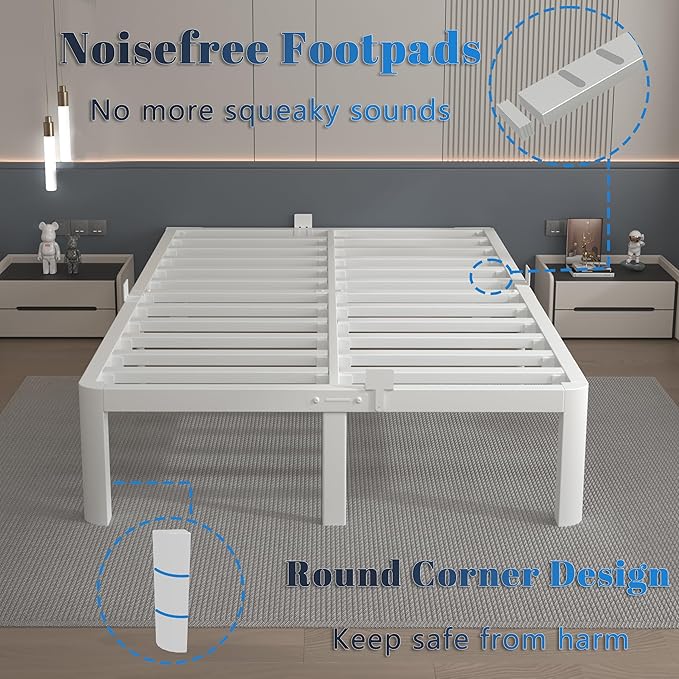 14 Inch King Size Bed Frame, White King Bed Frame with Metal Baffles, No Box Spring Needed, Heavy Duty Steel Platform Support, Round Corner Legs, Reserved Holes, Noiseless, Storage Space
