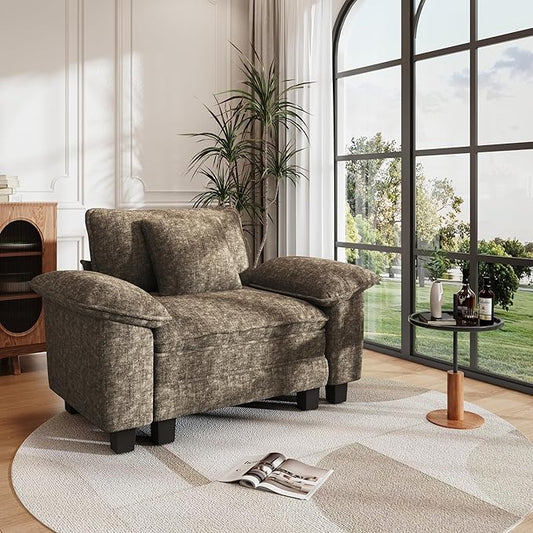 PHI VILLA Oversized Single Sofa with Deep Seat, Armchair for Small Spaces Bedroom Reading Modern, 1 Seater Comfy Reading Accent Chair, Chenille Fabric, Taupe