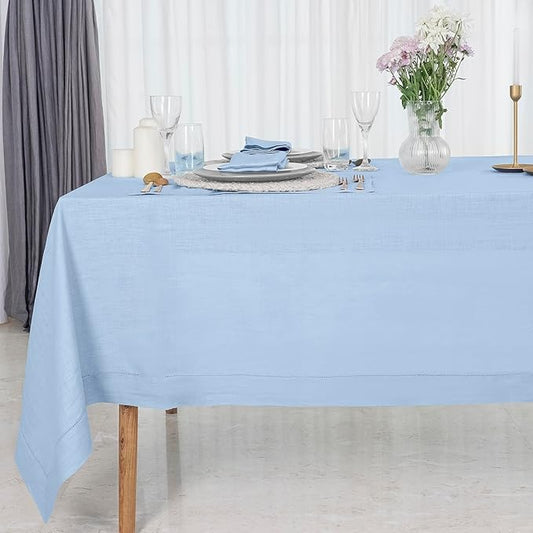 D'Moksha Homes Powder Blue Linen Tablecloth 60 x 120 Inch - 100% Pure Linen Hemstitch Tablecloth for Rectangle Tables - Classic Hemstitch, Machine Washable Table Cloth for Christmas