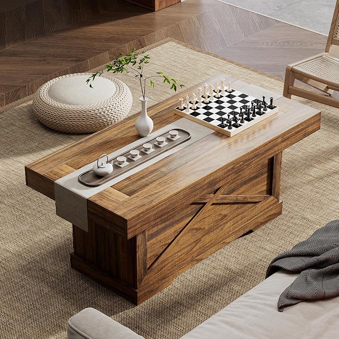 Coffee Table 39 in Rustic Center Table with X-Design Wooden Pedestal for Living Room, Space Saving, Rectangle Home Office Tea Accent Table for Dining Room Apartment, Walnut