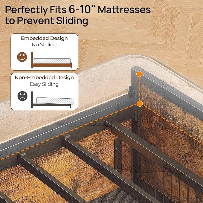 Rolanstar Queen Bed Frame with 4 Storage Drawers, Charging Station and LED Lights, Metal Platform Bed with 2-Tier Storage Headboard, No Box Spring Needed, Easy Assembly, Noise-Free, Rustic Brown