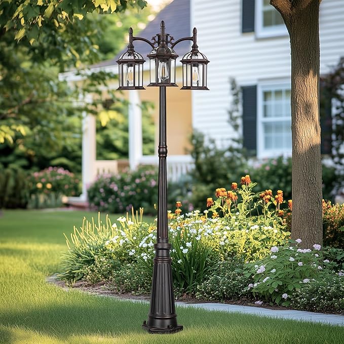 Dusk to Dawn Outdoor Lamp Post Light with 3 LED Bulbs, Triple Head Aluminum Street Light Post for Outside with Sensor, Waterproof Birdcage Pole Lighting Fixture for Backyard Garden Patio Bronze