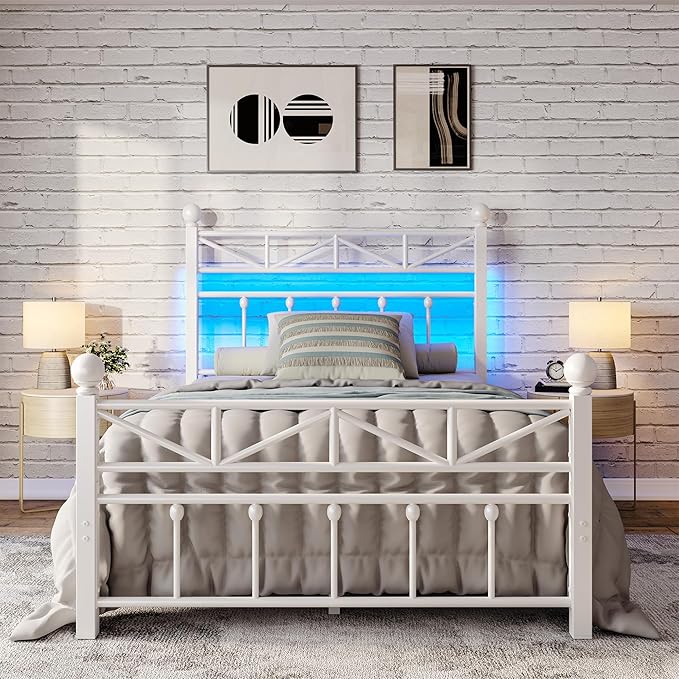EnHomee 54" Metal Twin Bed Frames with Tall Headboard & Footboard, LED Light Twin Bed Frame, Strong Metal Slats Support and Noise-Free Design with Under Bed Storage/No Box Spring Needed/White