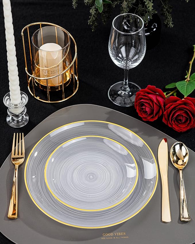 Morejoy 60Pcs Clear Plastic Plates,Clear Disposable Plates With Gold Rim,Heavy-duty Gold Plate, Modern swirl design Plate Include 30Clear Dessert-Platos,30Dinner-Platos for Party&Christmas