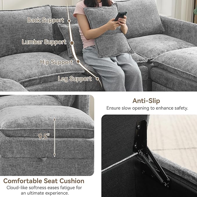 30" Cloud Modular Single Sofa Chair with Storage Ottoman, Modern Upholstered Accent Chair with Storage, Chenille Reading Lounge Armchair for Living Room, Bedroom, Small Space, Light Grey