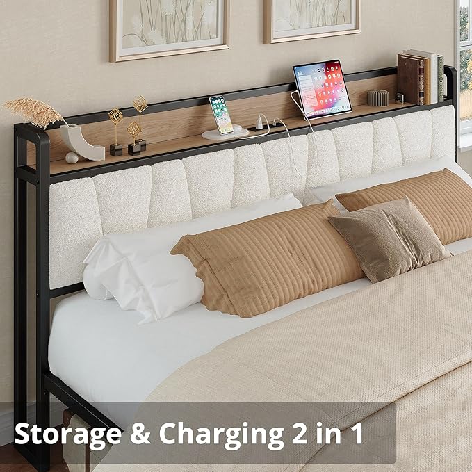 LIKIMIO King Bed Frames, Storage Headboard with Charging Station, Solid and Stable, Noise Free, No Box Spring Needed, Easy Assembly, Wood and Cream