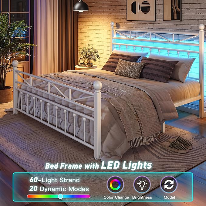EnHomee Queen Size Metal Platform Bed Frame, 54" Tall Headboard and LED Lights, Victorian Vintage Headboard and Footboard, Under Bed Storage, Heavy Duty Metal Slats & Noise Free, White
