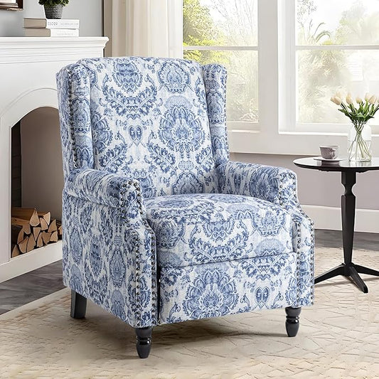 UIXE Pushback Floral Recliner Chair, Fabric Upholstered Armchair Push Back Accent Chair for Living Room, Rivet Trim Club Chair Home Theater Single Sofa Bedroom Reading Seat - Navy