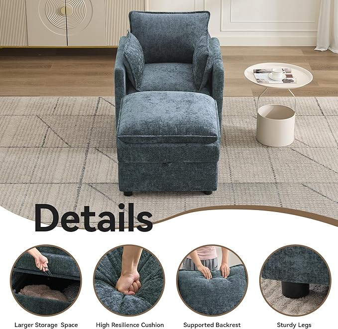 30" Cloud Modular Single Sofa Chair with Storage Ottoman, Modern Upholstered Accent Chair with Storage, Chenille Reading Lounge Armchair for Living Room, Bedroom, Small Space, Blue