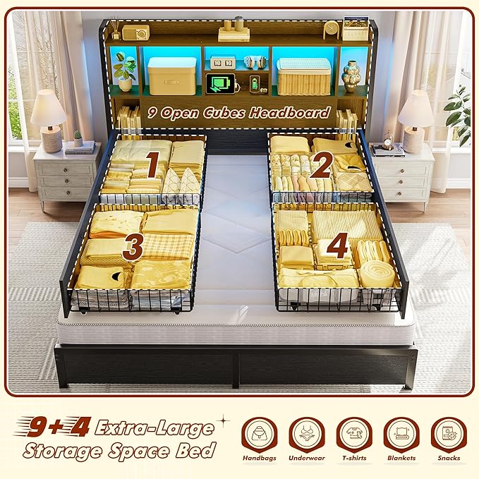 Queen Bed Frame with Storage Headboard & 4 Large Drawers Bed Frame Queen Size with 51" Tall Headboard 9 Compartments Led Lights & Charging Station,No Box Spring Needed, No Noise,Black