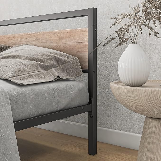 BOFENG Full Size Bed Frame with Wood headboard,Rustic Metal Platform Bed Frames Full,Industrial Bed Frame with Storage No Box Spring Needed,Mattress Platform with Steel Slat Support,Oak Color