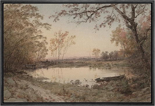 MUDECOR Framed Canvas Print Wall Art Rustic Country Farmhouse Forest Lake Nature Wilderness Antique Retro Fine Art Shapes Illustrations Decorative Colorful Multicolor for Bedroom - 24"x36" Black