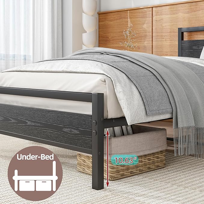 BOFENG Twin Bed Frame with Wood Headboard,Metal Single Platform Bed Frame Twin Size No Box Spring Needed,Heavy Duty Metal Slats Support,Noise Free,Single Bed Base,Easy Assembly,Black