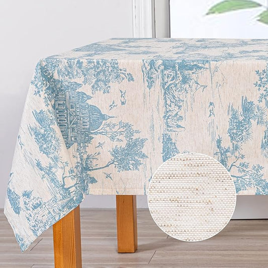 MYSKY HOME Linen Vintage Rectangle Tablecloth 60x102 Inches, Blue Castle Print Table Cloth for Dining Table I Tabletop I Parties/Outdoor I Spring/Summer Waterproof Fabric Farmhouse Tablecloth
