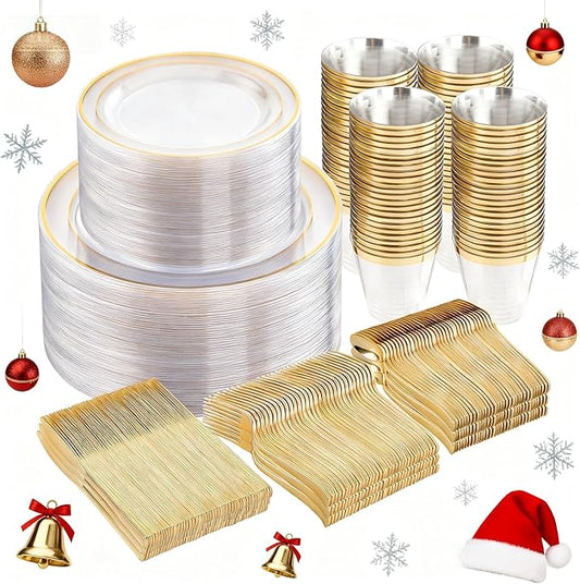 WELLIFE 600pc Gold Trim Plastic Dinnerware Set for Party: 100 Dinner Plates, 100 Dessert Plates, 300 Cutlery