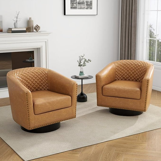 UIXE Swivel Accent Chairs, PU Leather Barrel Club Chair for Living Room, Upholstered Armchair Comfy Single Sofa Bedroom Reading Seat - Coffee, Set of 2