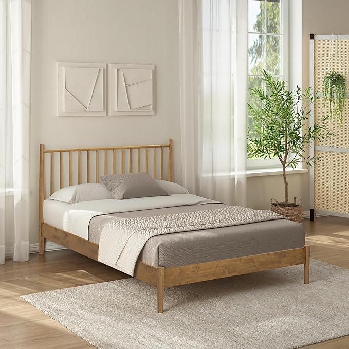 NTC Inno Wooden Bed Frame with Headboard, Solid Oak and Rubber Wood Foundation with Silent Slats and Wood Central Supports, 1000 Lb Capacity, Effortless Assembly, Queen - Teak Look