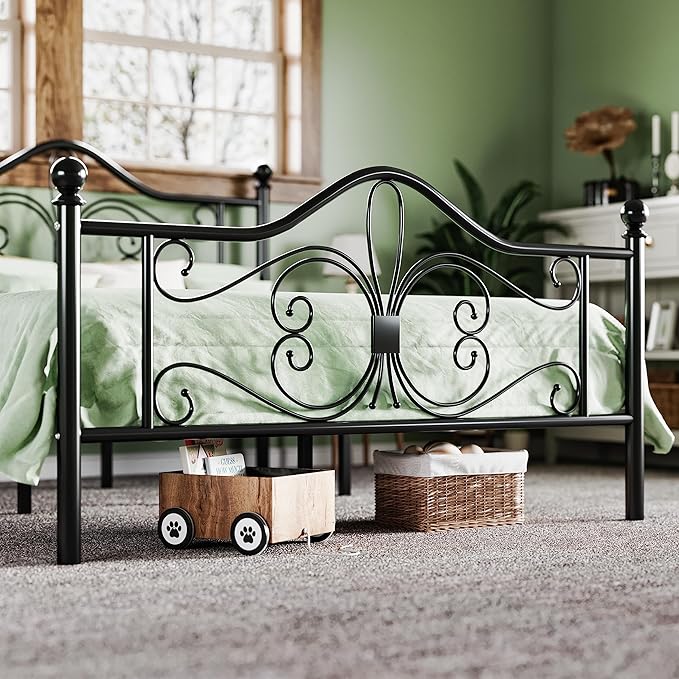 Allewie Full Size Bed Frame with Headboard,Metal Bed Frame with Butterfly Pattern Design Headboard & Footboard,No Box Spring Needed,Easy Assembly,Black