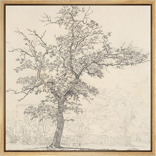SIGNFORD Framed Canvas Print Wall Art Vintage Antique Pencil Sketch Tree Branches Drawing in Monochrome Nature Wilderness Illustrations Colorful for Living Room, Bedroom, Office - 24"x24" Natural
