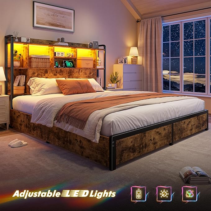 Full Size Bed Frame with Storage Headboard & 4 Large Drawers Bed Frame Full Size with 51" Tall Headboard 9 Compartments Led Lights & Charging Station,No Box Spring Needed, No Noise,Vintage Brown