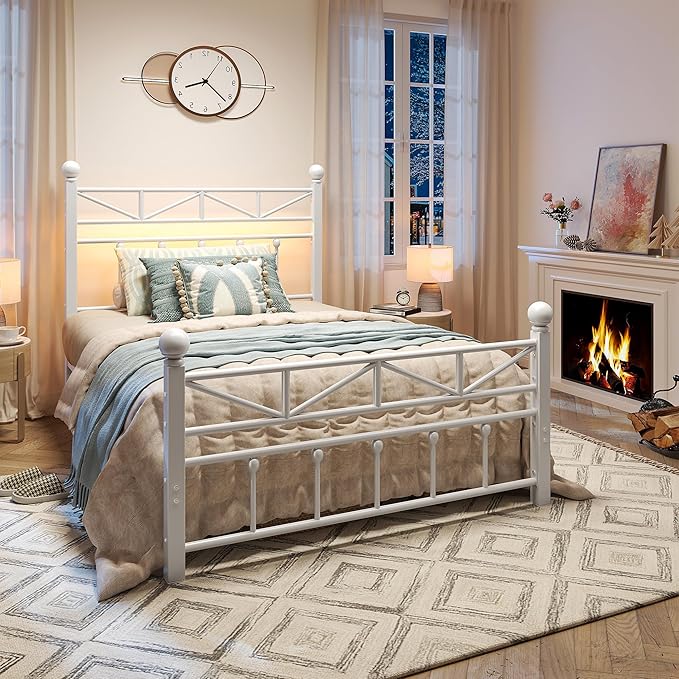 EnHomee 54" Metal Twin Bed Frames with Tall Headboard & Footboard, LED Light Twin Bed Frame, Strong Metal Slats Support and Noise-Free Design with Under Bed Storage/No Box Spring Needed/White