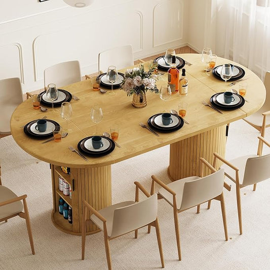70.8 Inch Oval Dining Table with 3-Tier Hidden Storage for 4-6-8 People, Large Dining Room Table with Fluted Base, Farmhouse Kitchen Dinner Table for Living Room, Oak