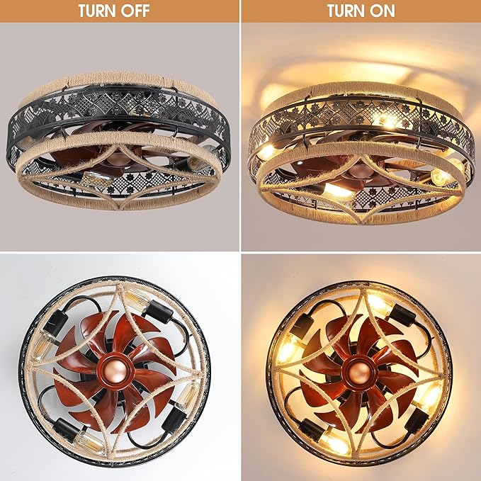 18” Low Profile Boho Nylon Cage Ceiling Fans with Lights and Remote, Black Flush Mount Ceiling Fan, Small Farmhouse Ceiling Fan Lamp Lighting Fixture for Bedroom, Reversible(Bulbs not included)