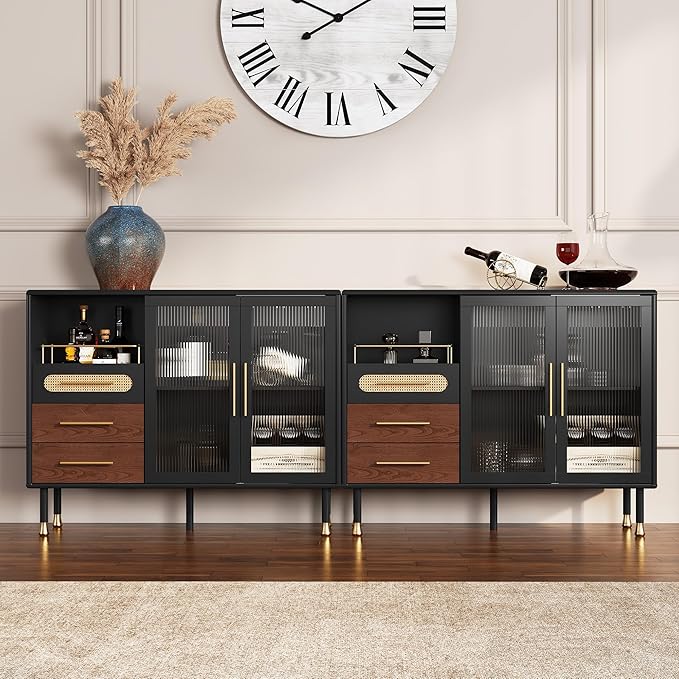 ARTPOWER 48" Coffee Bar Cabinet with Wine Racks and Drawers, Modern Buffet Sideboard with Pull-Out Wine Storage, Liquor Bar Cart for Kitchen, Dining Room, Living Room (Black)