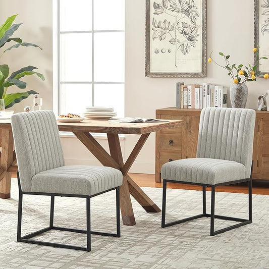 VKNOW Upholstered Dining Chairs, Modern Dining Room Chairs with Stripe, Linen Kitchen Chair Dinner Chair with Black Metal Base for Kitchen Office, Light Grey