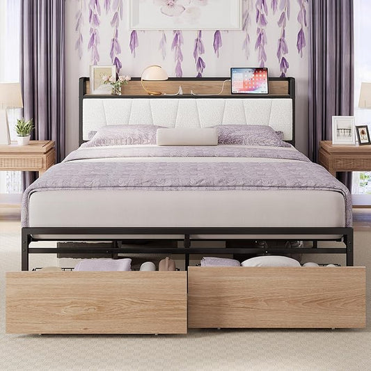 LIKIMIO Queen Size Bed Frame, Storage Headboard with Charging Station, Platform Bed with Drawers, No Box Spring Needed, Easy Assembly, Wood and Cream