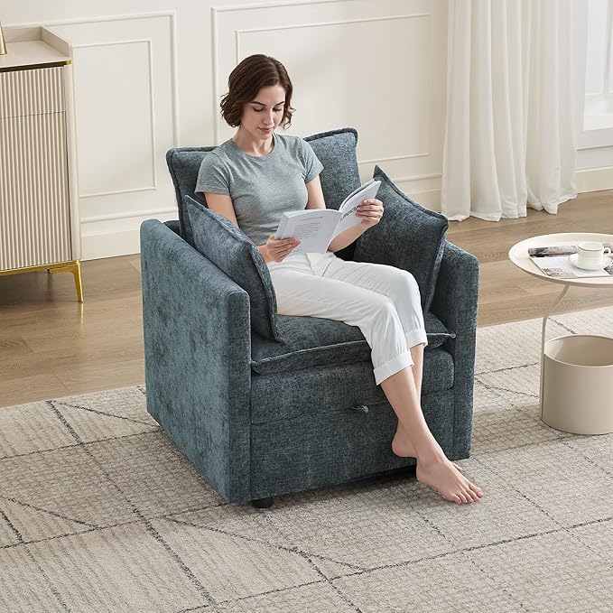 30" Cloud Modular Single Sofa Chair with Storage, Modern Upholstered Accent Chair Deep Seat, Chenille Reading Lounge Armchair for Living Room, Bedroom, Small Space, Blue