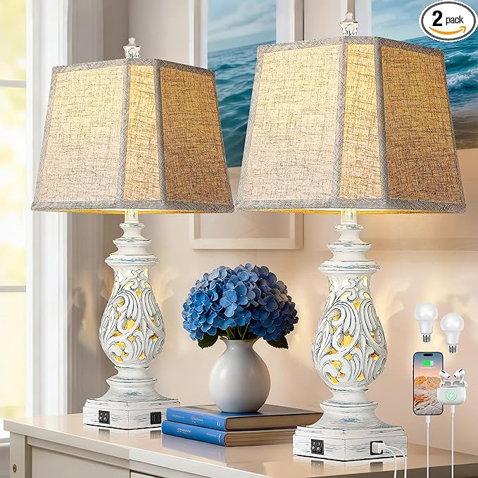 PARTPHONER 29" Table Lamps Set of 2, Bedside Lamps with USB A+C Ports & Night Light, Farmhouse Nightstand Lamps with Linen Fabric Shades for Bedroom Living Room, Washed Blue (LED Bulbs Included)