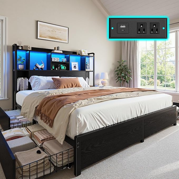 Full Size Bed Frame with Storage Headboard & 4 Large Drawers Bed Frame Full Size with 51" Tall Headboard 9 Compartments Led Lights & Charging Station,No Box Spring Needed, No Noise,Black