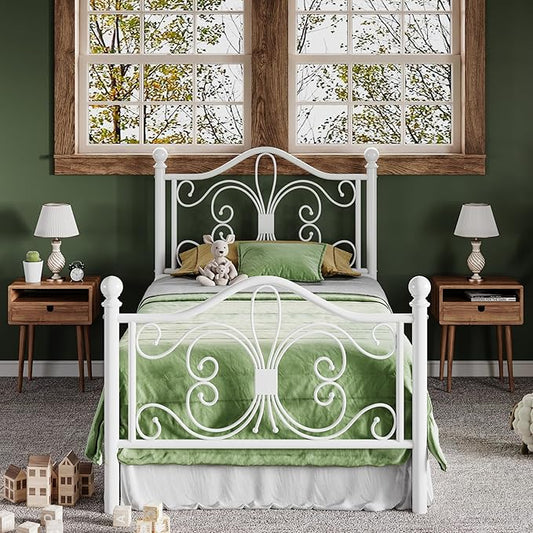 Allewie Twin Size Bed Frame for Kids,Metal Bed Frame with Butterfly Pattern Design Headboard and Footboard,No Box Spring Needed,Easy Assembly,White