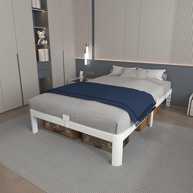 10 Inch White King Size Bed Frame, Metal King Bed Frame with Baffles, No Box Spring Needed, Heavy Duty Steel Platform Support, Rounded Corner Legs, Reserved Holes, Noise Free, Storage Space