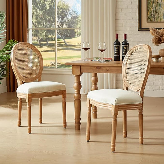 Virabit French Dining Chairs Set of 2, Rattan Farmhouse Upholstered Dining Chairs with Curved Backrest and Beautifully Carved Solid WoodFrame for Living Room, Kitchen, Restaurant