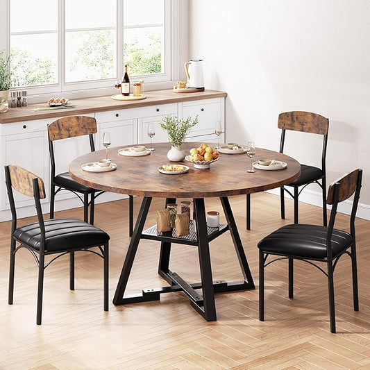 Round Dining Table Set for 4, Kitchen Table and Chairs for 4, Circle Table Round Pedestal Dining Room Dinner Dinette Table Set,5 Piece Space Saving Wood Kitchen & Dining Room Tables Set Furniture