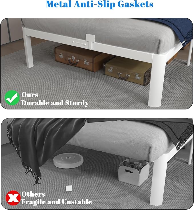16 Inch Twin Bed Frames, White Twin Metal Bed Frame with Anti-Slip Baffles, No Box Spring Needed, Heavy Duty Steel Platform Supprt, Rounded Corner Legs, Noiseless, Reserved Holes, Storage Space