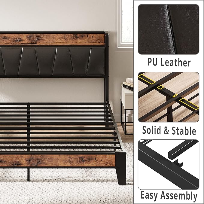 LIKIMIO Full Size Bed Frame, Storage Headboard with Charging Station, Solid and Stable, Noise Free, No Box Spring Needed, Easy Assembly (Vintage and Black)