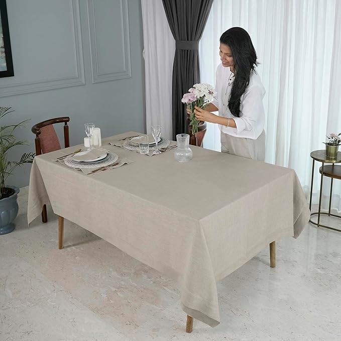 D'Moksha Homes Natural Linen Tablecloth 54 x 72 Inch - 100% Pure Linen Natural Table Cloth for Rectangle Tables - Classic Hemstitch, Machine Washable Tablecloth for Christmas, Holiday