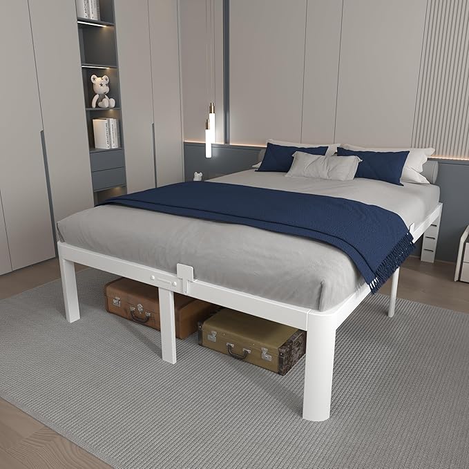 14 Inch King Size Bed Frame, White King Bed Frame with Metal Baffles, No Box Spring Needed, Heavy Duty Steel Platform Support, Round Corner Legs, Reserved Holes, Noiseless, Storage Space
