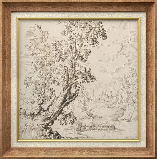 MUDECOR Premium Framed Wall Art Antique Landscape with Trees and Castle Classic Vintage Illustrations Fine Art Decorative Retro Historic Zen for Living Room, Bedroom, Office - 26"x26" Natural