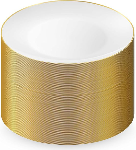 Munfix 100 Gold Plastic Plates Set, 10.25 Inch Disposable Dinner Plates, Elegant Fancy Heavy Duty for Party, Wedding, White with Gold Rim