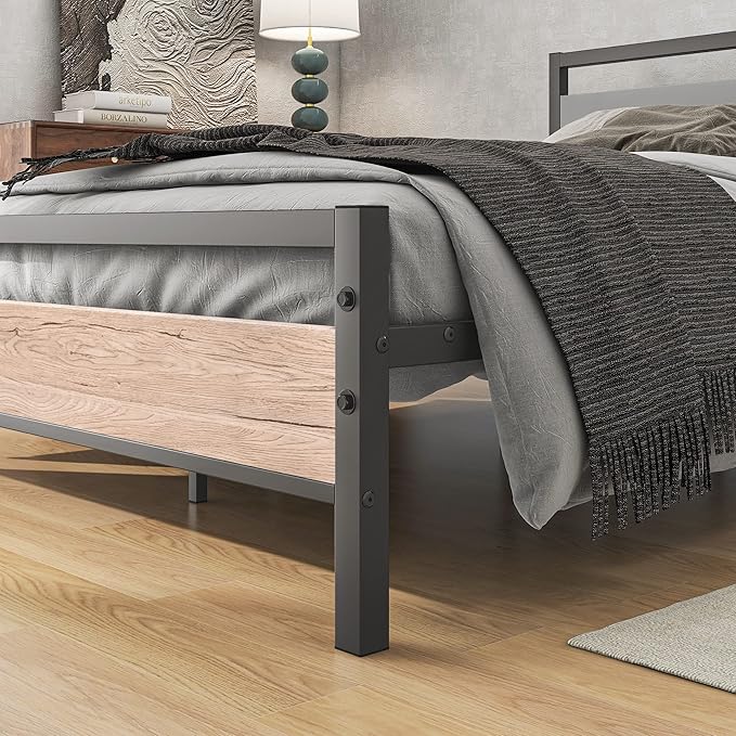 BOFENG Full Size Bed Frame with Wood headboard,Rustic Metal Platform Bed Frames Full,Industrial Bed Frame with Storage No Box Spring Needed,Mattress Platform with Steel Slat Support,Oak Color